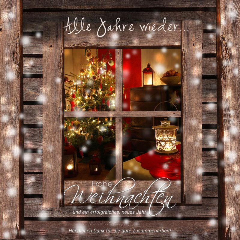 nostalgische Weihnachts E-Card mit geschmückten Weihnachtsbaum hinterm Fenster (326)