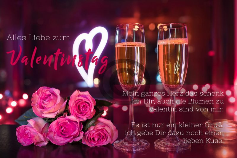 pinke Valentinstag E-Card mit Sektgläsern, Rosen und weißem Herz für umweltbewusste Liebende (00465)