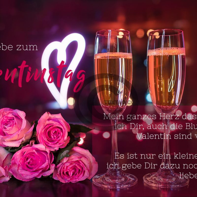pinke Valentinstag E-Card mit Sektgläsern, Rosen und weißem Herz für umweltbewusste Liebende (00465)